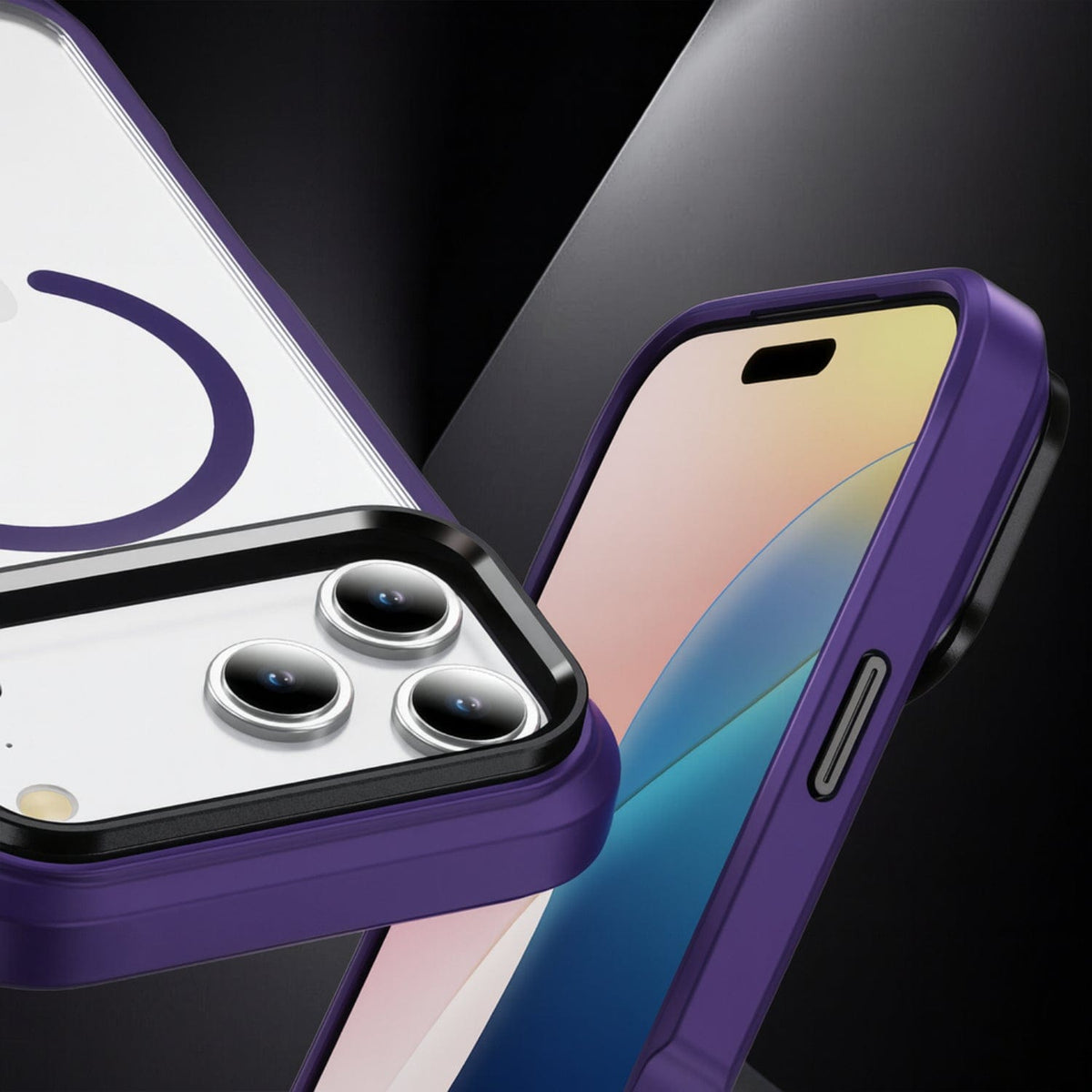 SaharaCase Raider Clear Back Case for iPhone 17 Pro — purple screen and camera close-up