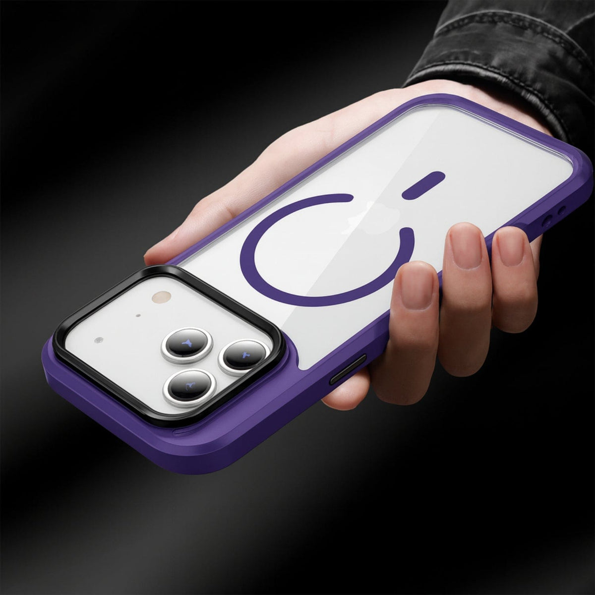 SaharaCase Raider Clear Back Case for iPhone 17 Pro — purple case held in hand