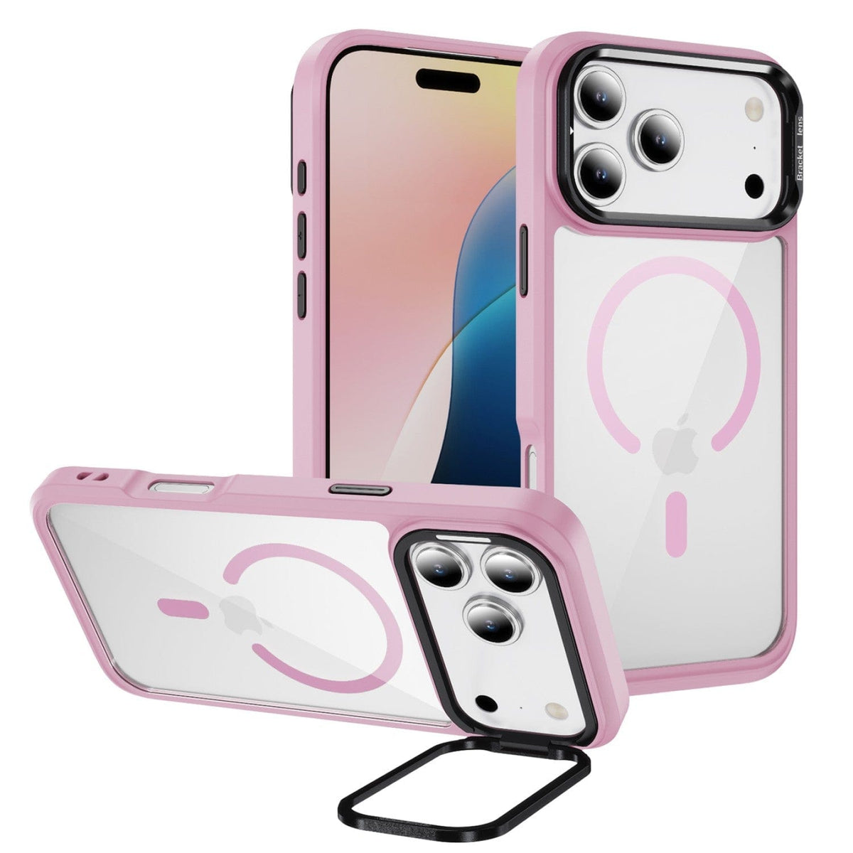SaharaCase Raider Clear Back Case for iPhone 17 Pro — pink front rear and stand views