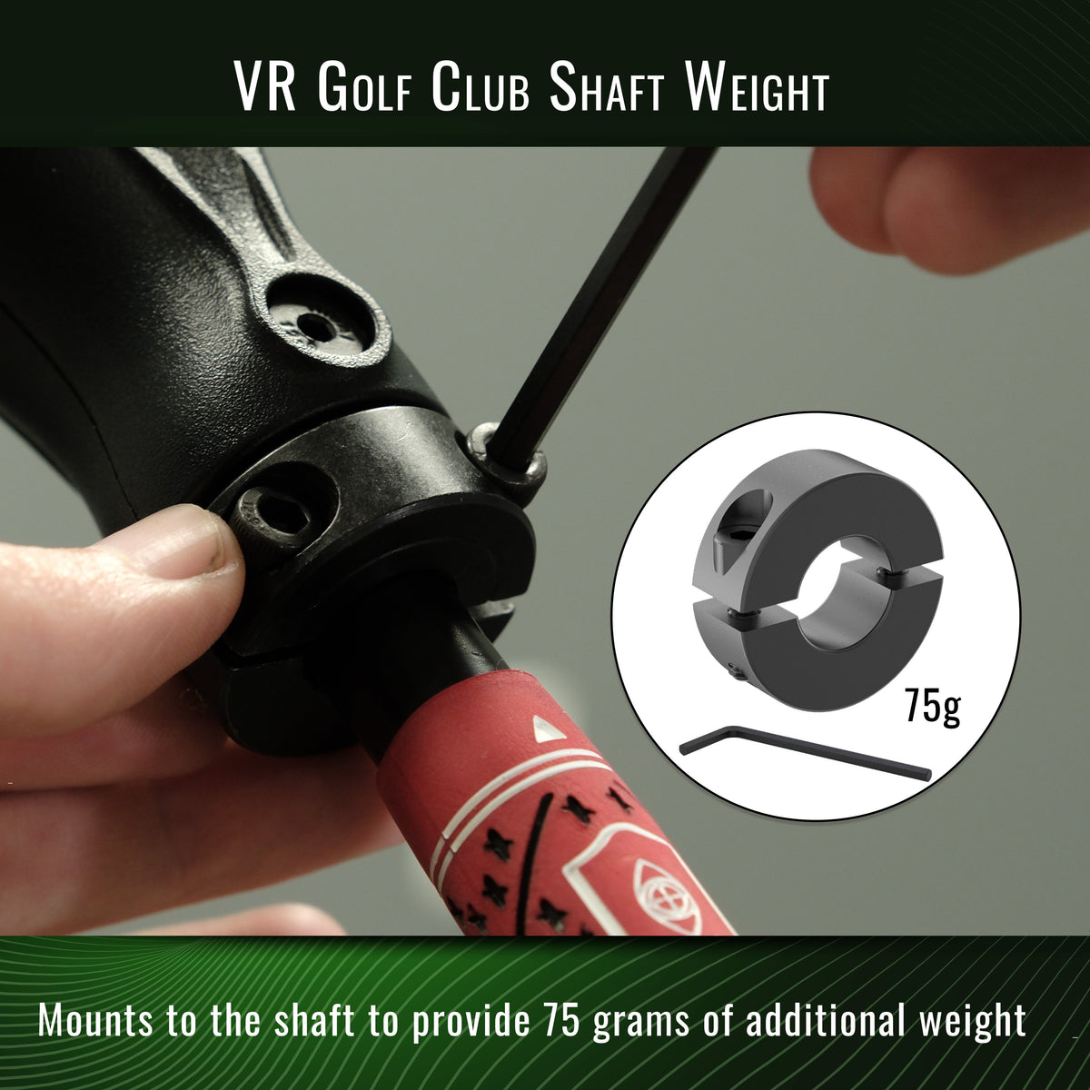 DriVR shaft-weight installation illustration; image states 75g while current product description specifies 65g weights
