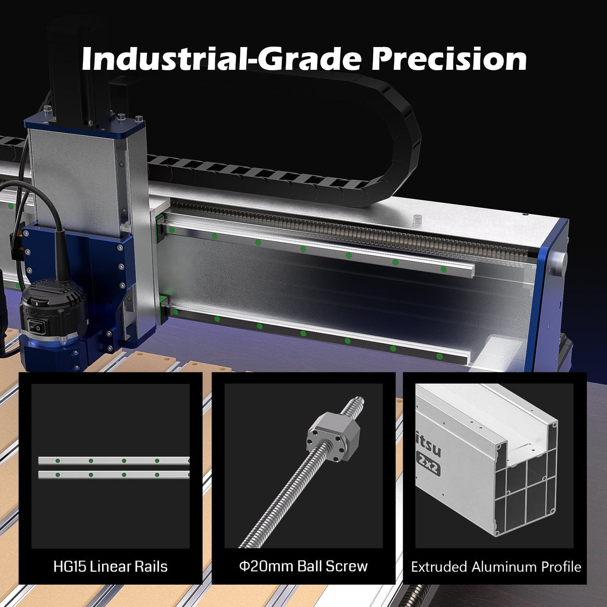 Genmitsu PROVerXL 2×2 CNC Router — 710W — X-axis rails, ball screw and aluminum-profile diagram