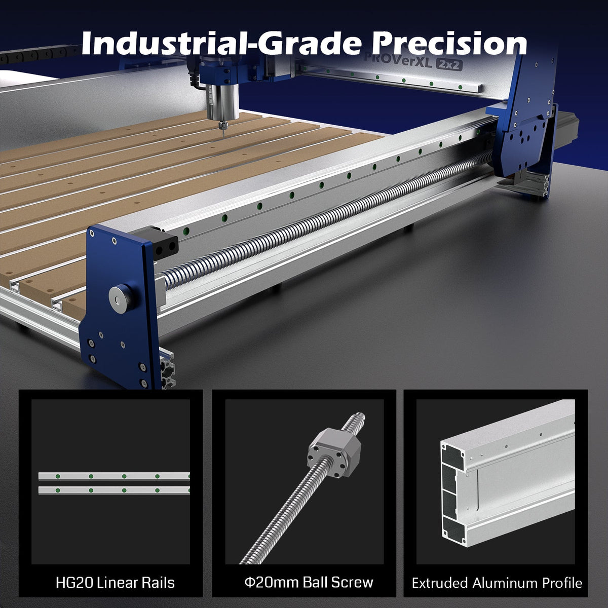 Genmitsu PROVerXL 2×2 CNC Router — 710W — Y-axis rails, ball screw and aluminum-profile diagram