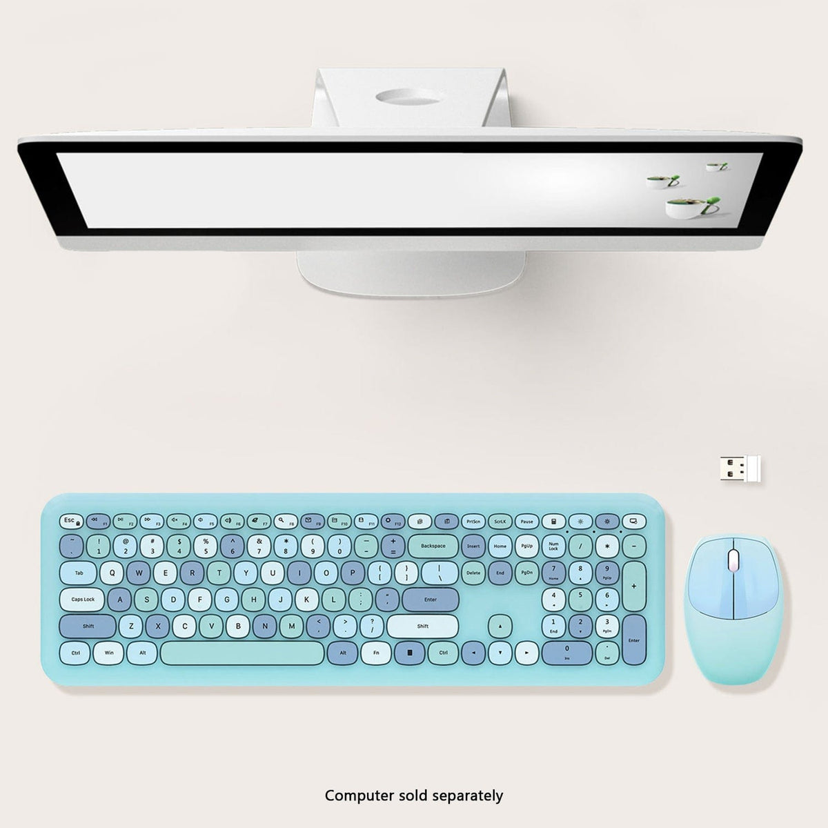 KB3 aqua keyboard and mouse beneath a monitor sold separately