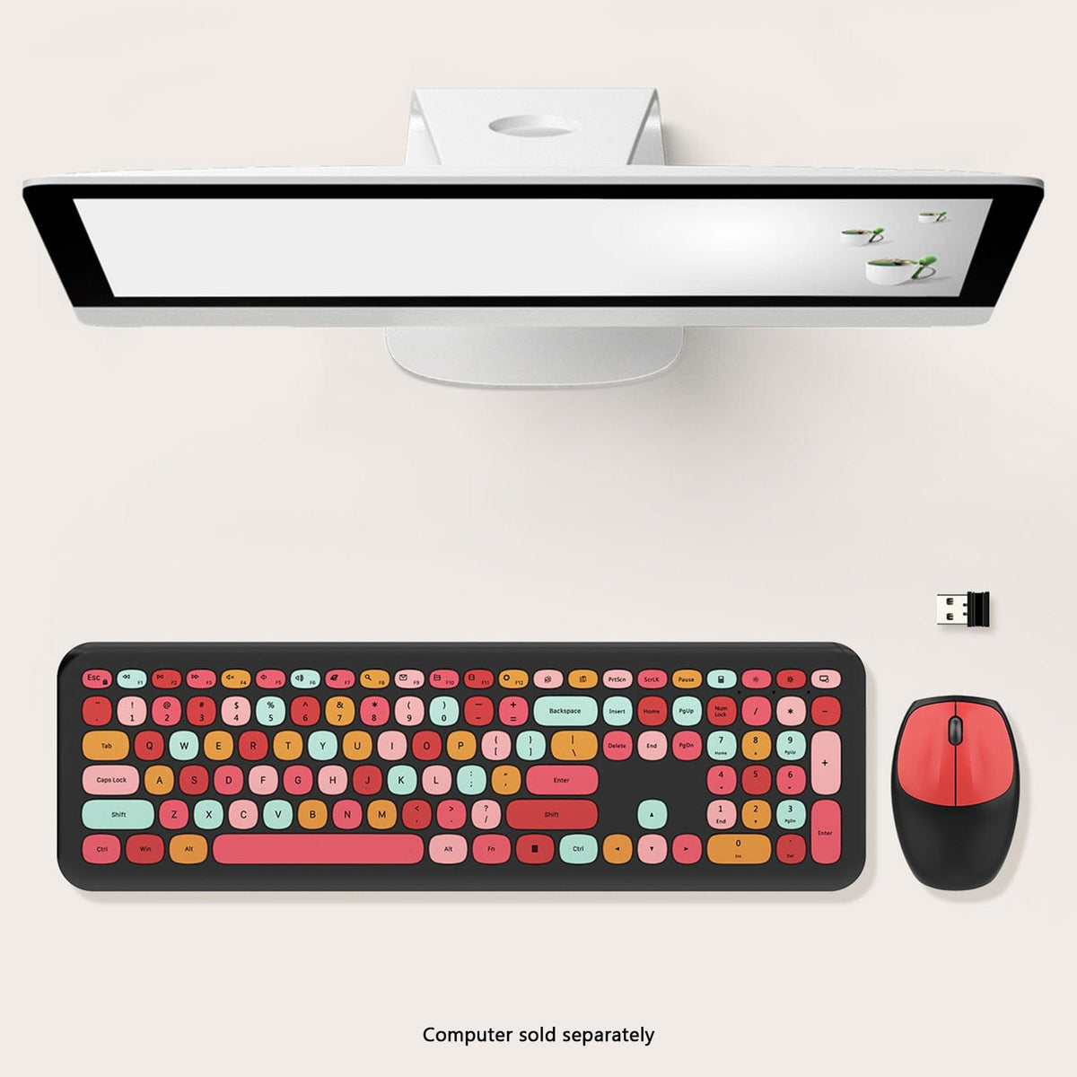 Top view of KB2 keyboard and mouse below a monitor sold separately