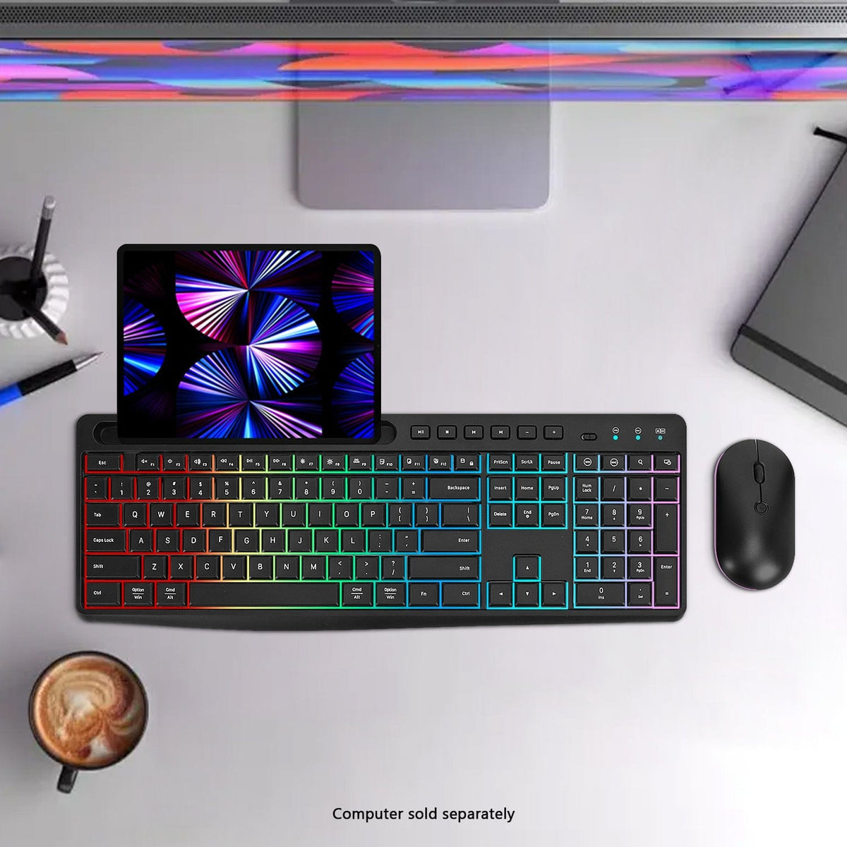 KB19 keyboard and mouse on a white desk with a tablet in the device slot