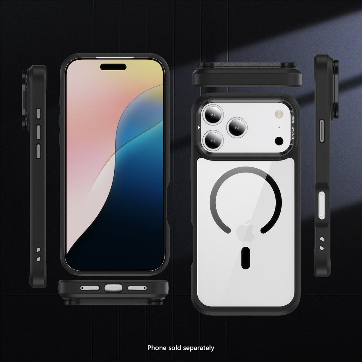 SaharaCase Raider Clear Back Case for iPhone 17 Pro — black front rear and side views