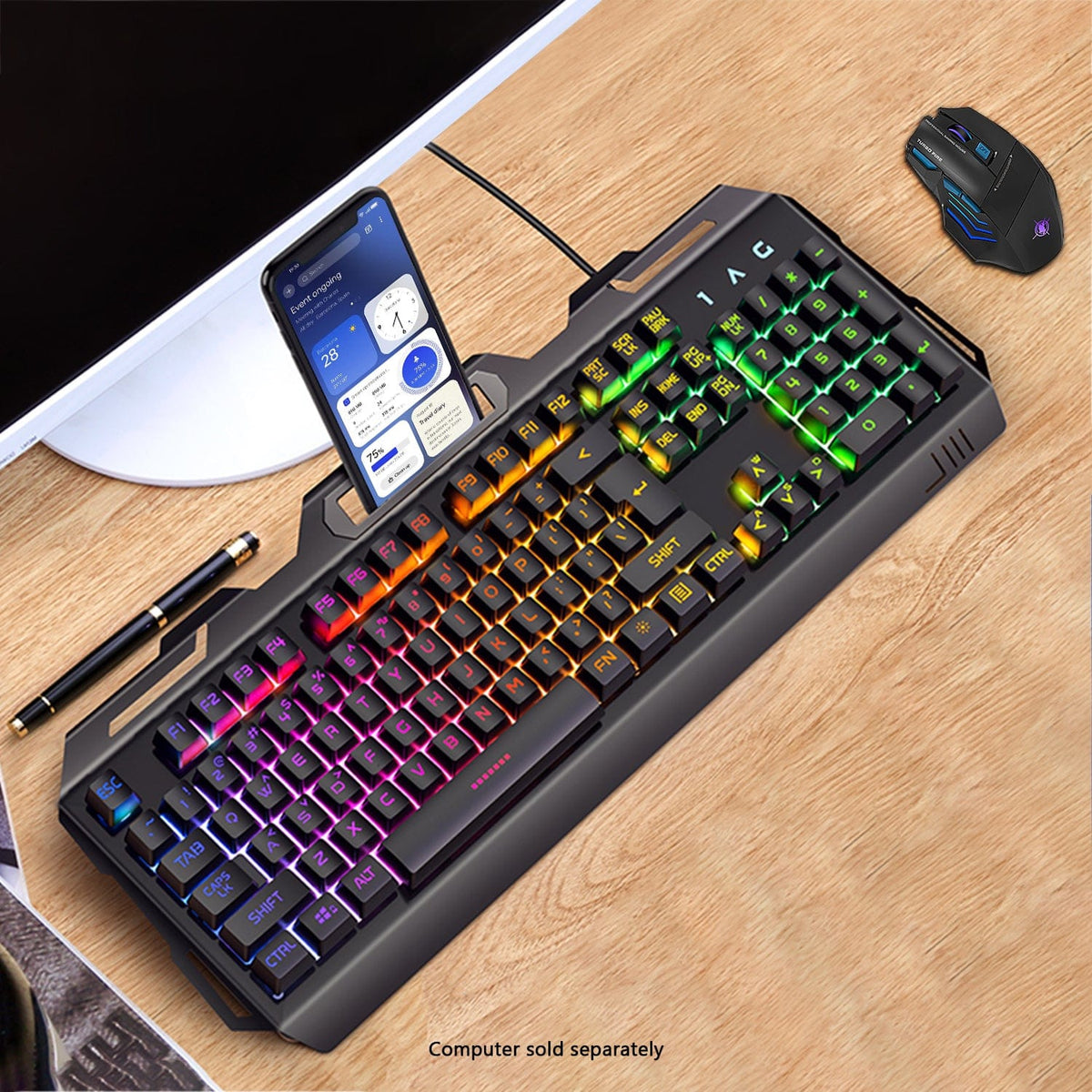 KB37 keyboard and mouse on a wood desk with a phone in the holder