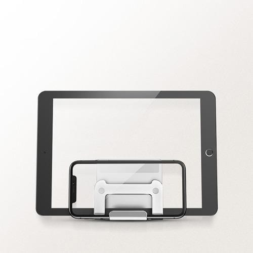 Silver wall holder with a tablet and phone shown separately