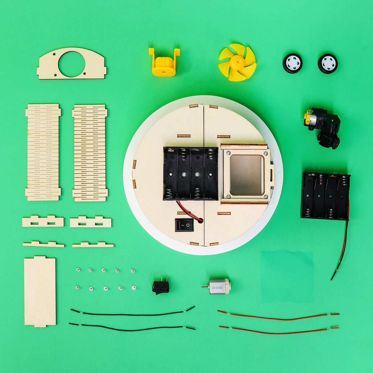 Kitsville Mini Robot Vacuum STEM Kit — components laid out
