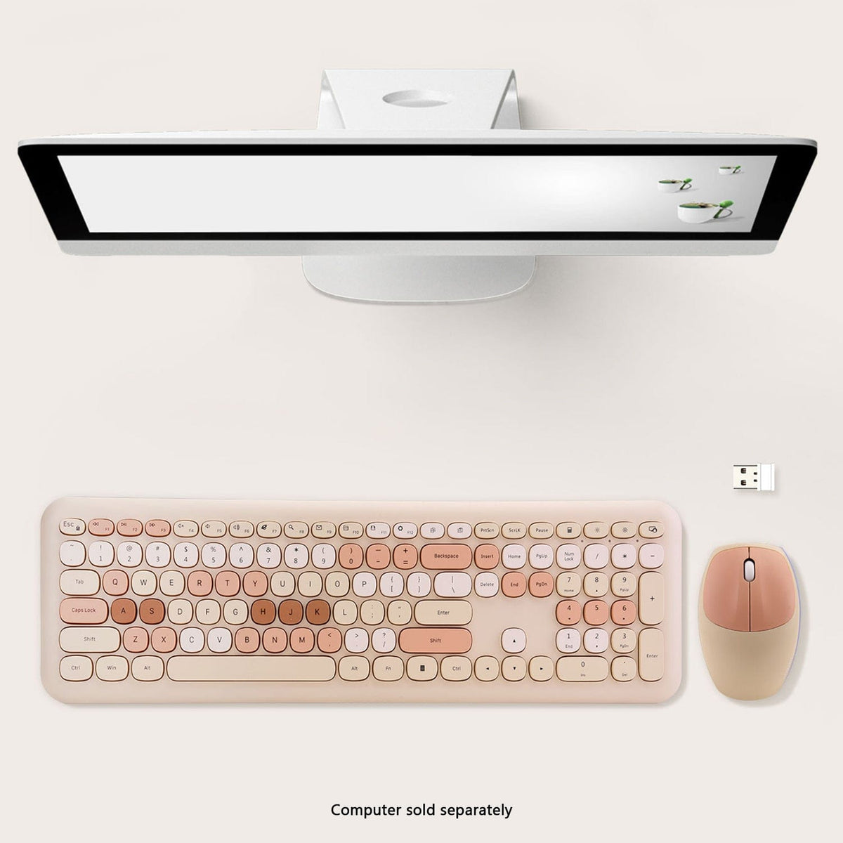KB7 beige keyboard and mouse beneath a monitor sold separately