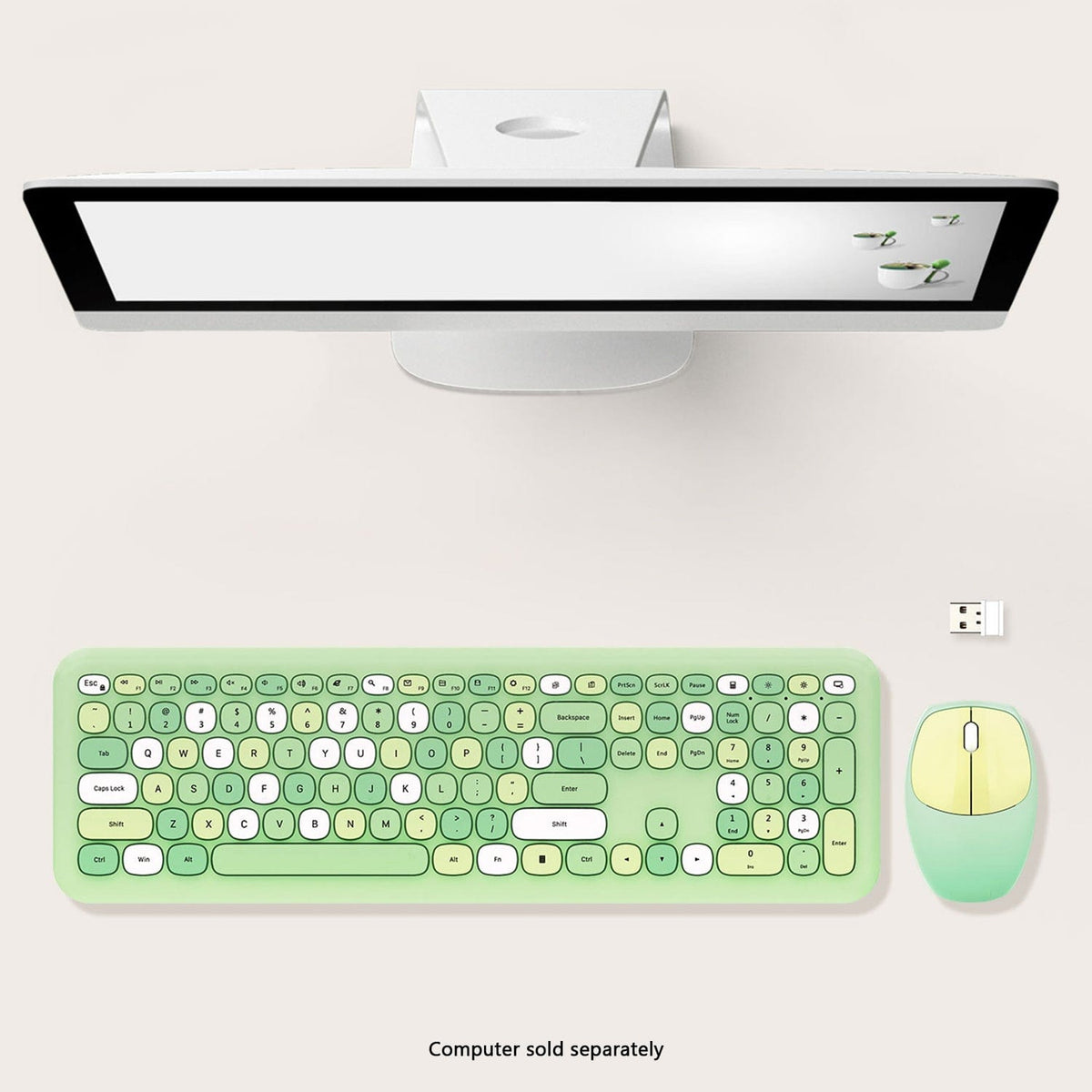 KB6 green keyboard and mouse beneath a monitor sold separately
