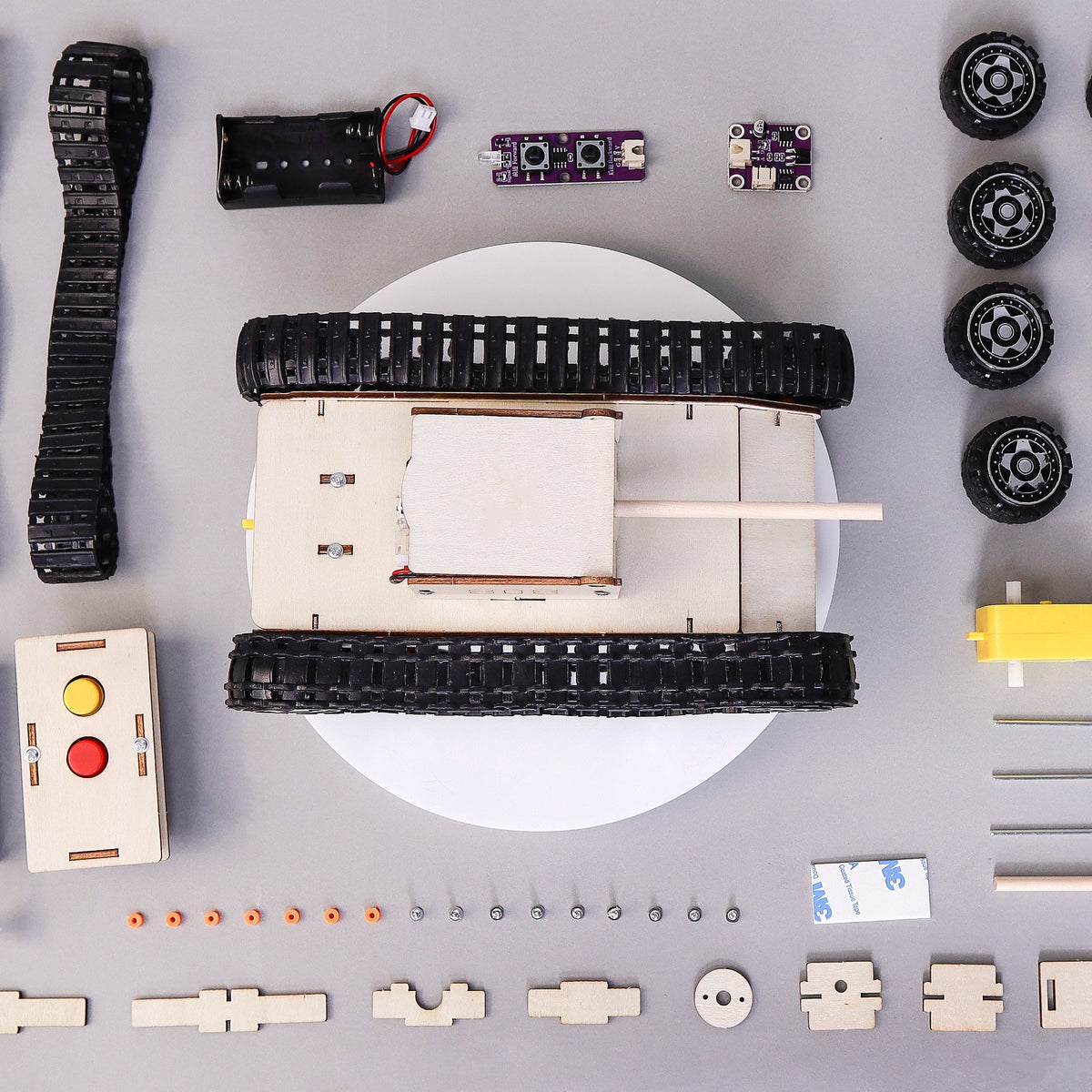 Kitsville Remote-Controlled Tank Building Kit — top view of components