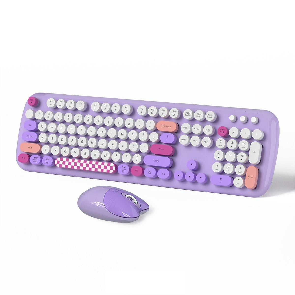 Angled view of the purple KB12 keyboard and mouse