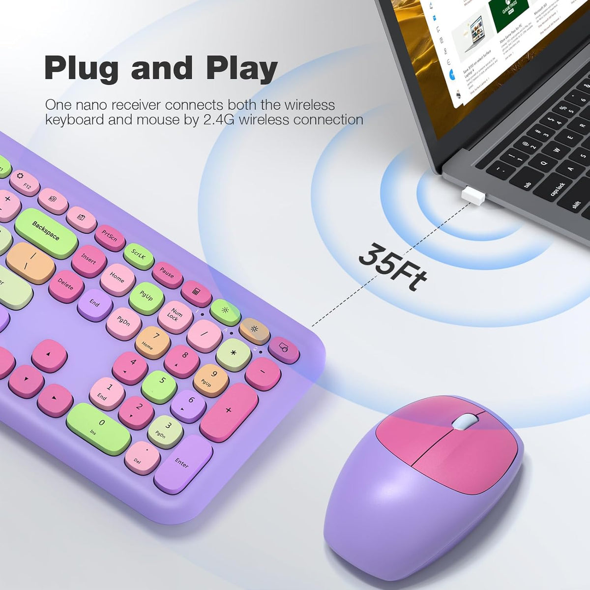 KB5 USB receiver wireless connection illustration beside a laptop