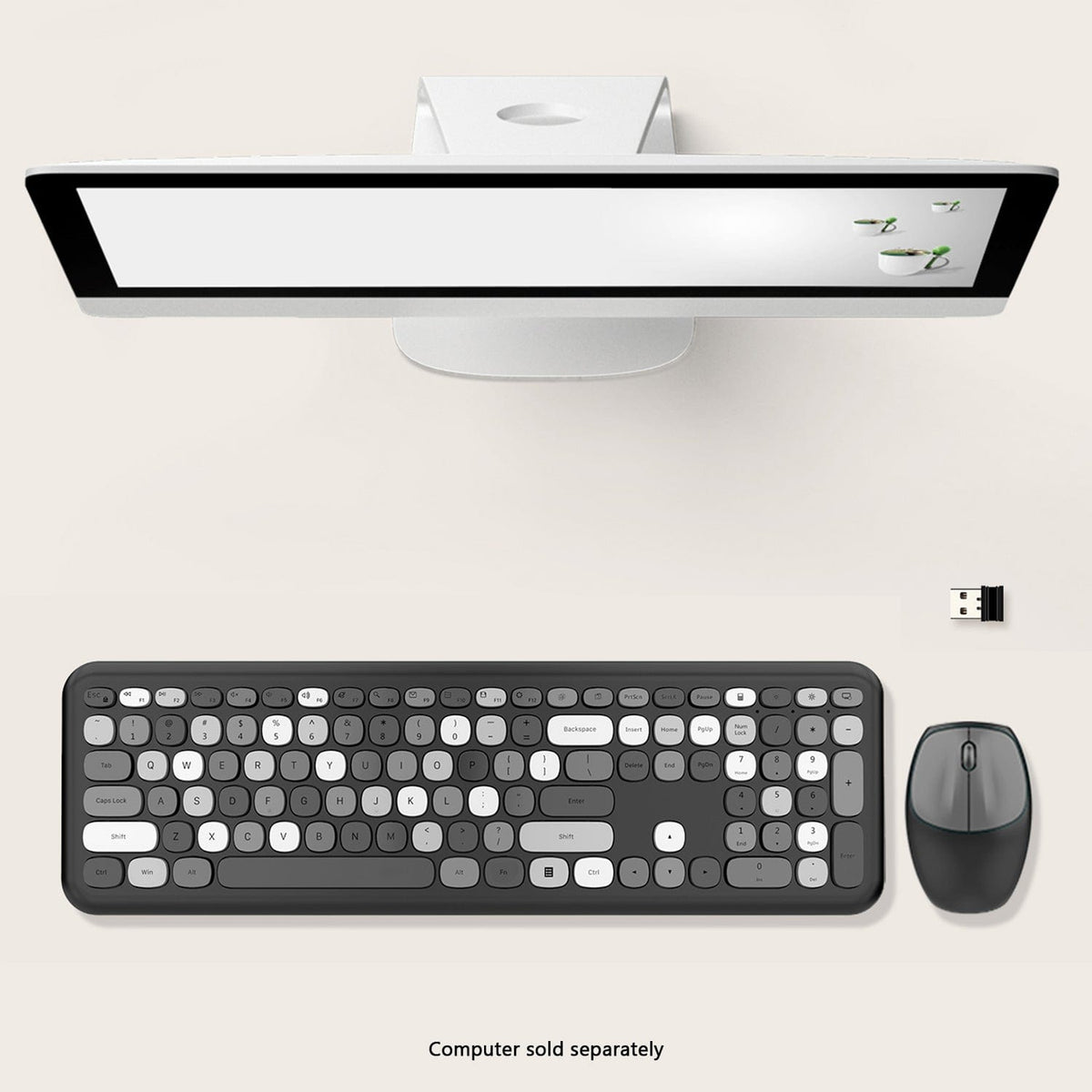 SaharaCase KB1 keyboard, mouse and USB receiver beside a separately sold computer
