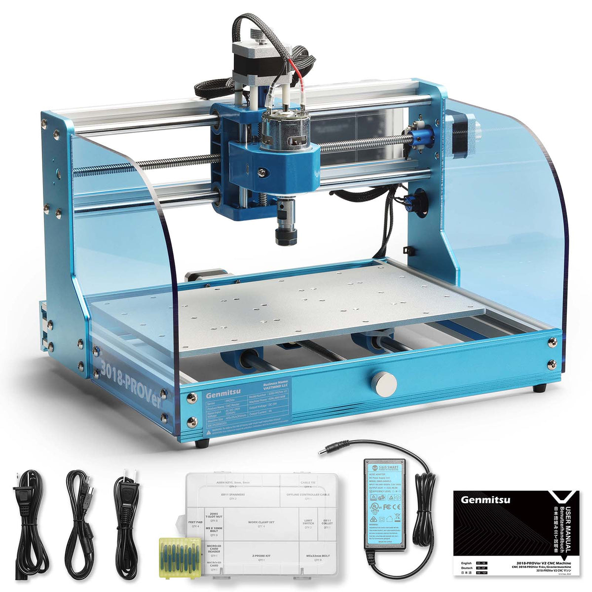 Genmitsu 3018-PROVer V2 CNC router and accessory assortment