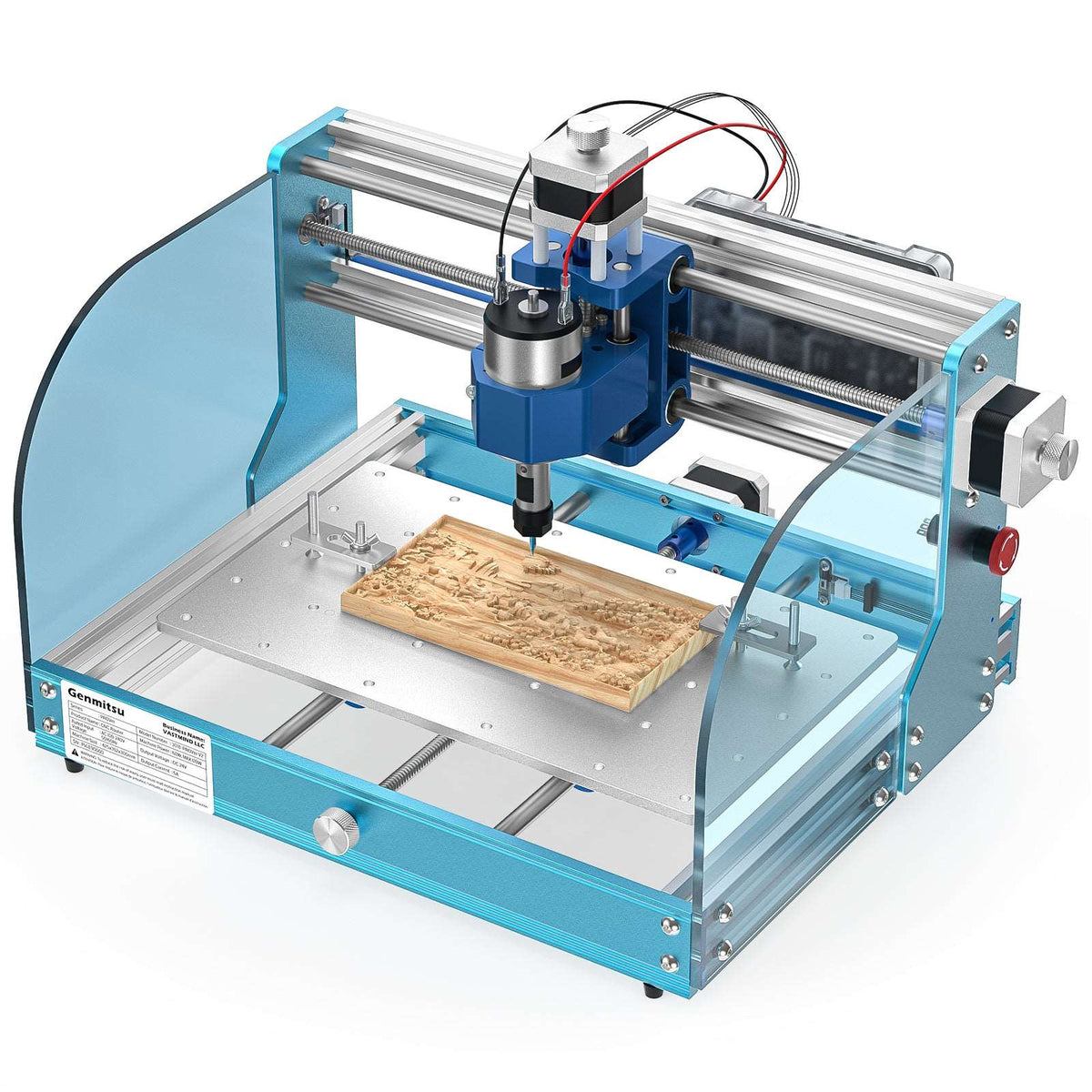 Genmitsu 3018-PROVer V2 desktop CNC router with a wood carving secured to the workbed