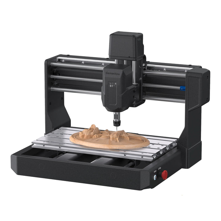 Genmitsu 3018 REX desktop CNC router with a carved sample on its work platform