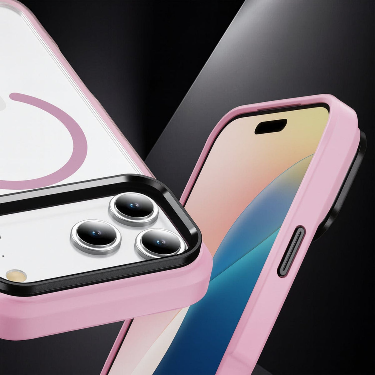 SaharaCase Raider Clear Back Case for iPhone 17 Pro — pink screen and camera close-up