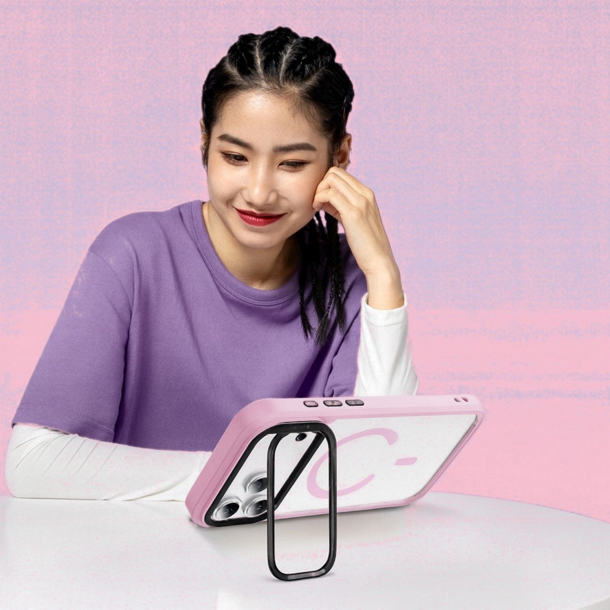 SaharaCase Raider Clear Back Case for iPhone 17 Pro — pink stand in use