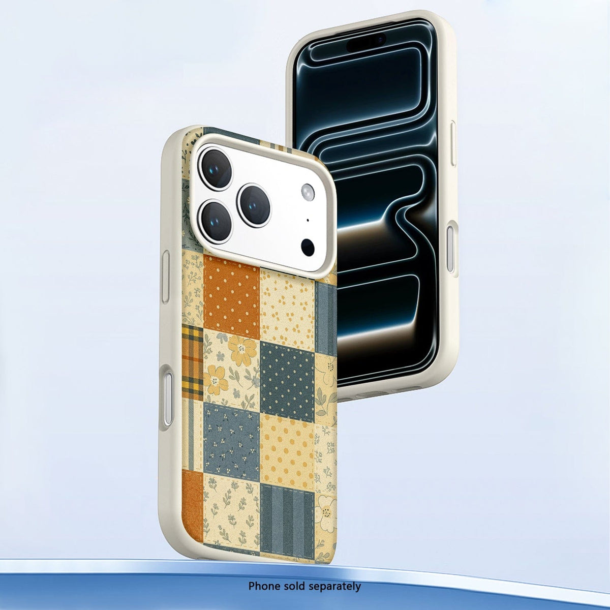 SaharaCase Inspire Silicone Case for iPhone 17 Pro — patchwork angled front and rear views