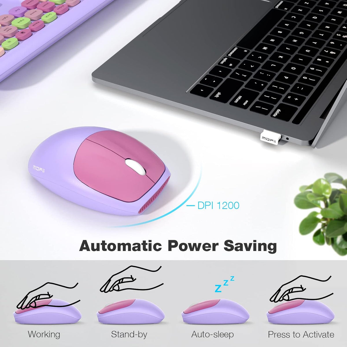 KB5 purple mouse and automatic sleep mode illustration