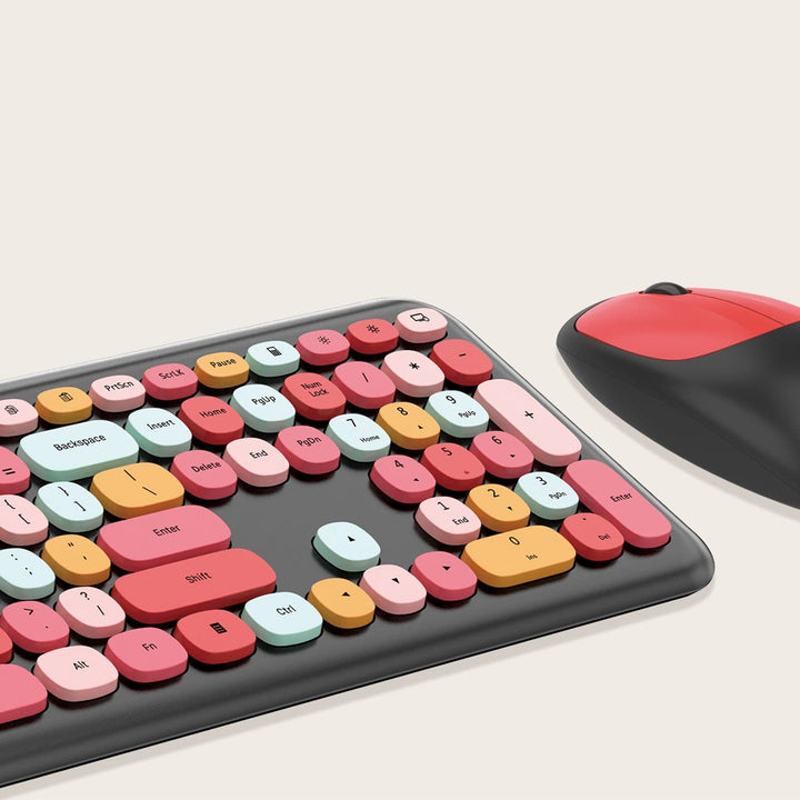 Close-up of SaharaCase KB2 colorful rounded keys and black/red mouse