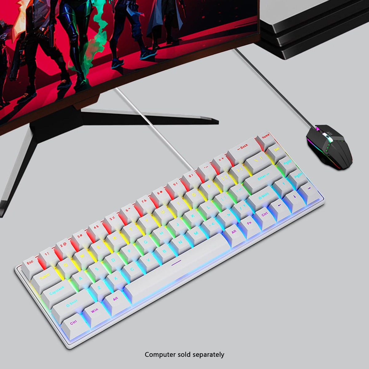 KB33 white keyboard and mouse on a white gaming desk