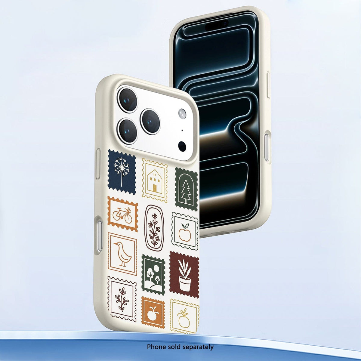 SaharaCase Inspire Silicone Case for iPhone 17 Pro — multicolor stamp patterned angled front and rear views