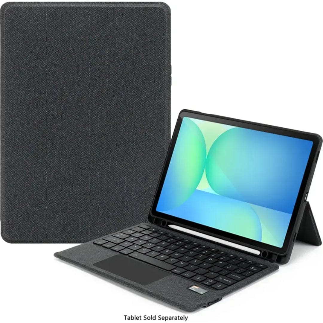 SaharaCase black cover beside the detachable keyboard and tablet stand setup