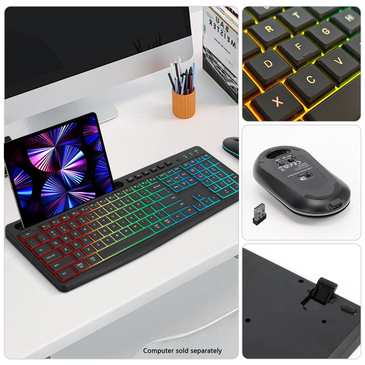 KB19 keyboard key detail, mouse underside and folding support