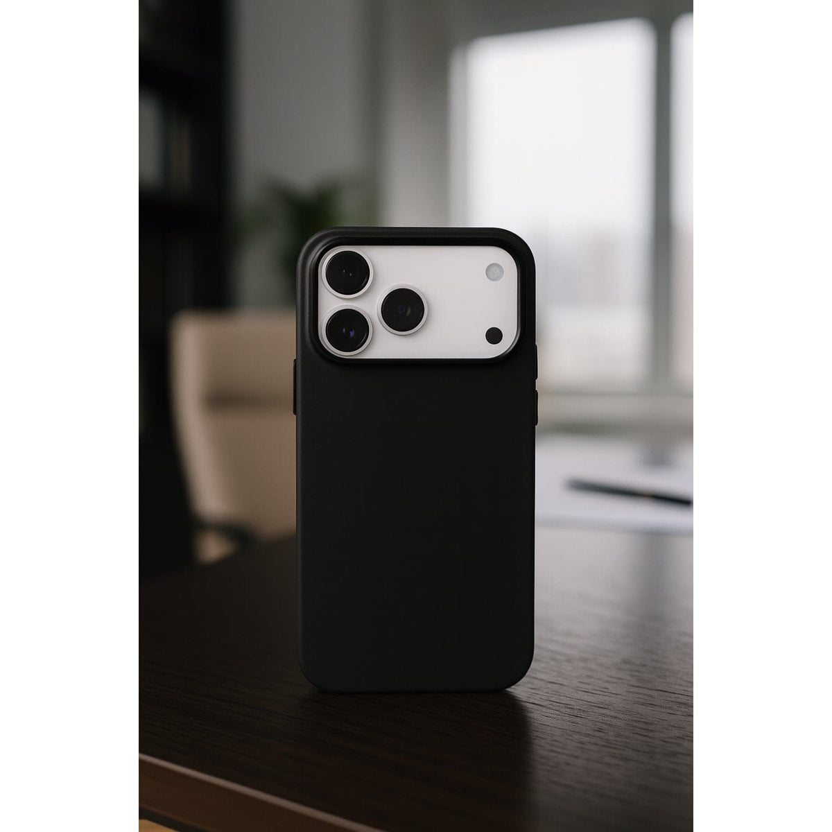 SaharaCase Indy Vegan Leather Case for iPhone 17 Pro — black case on table