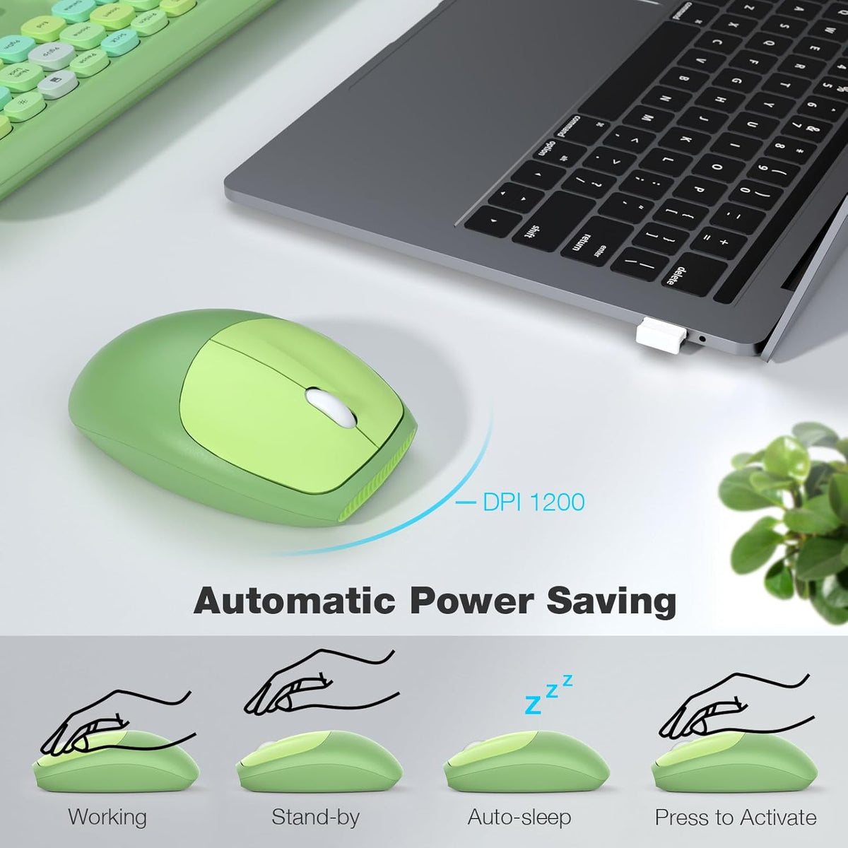 KB6 green mouse and automatic power-saving illustration