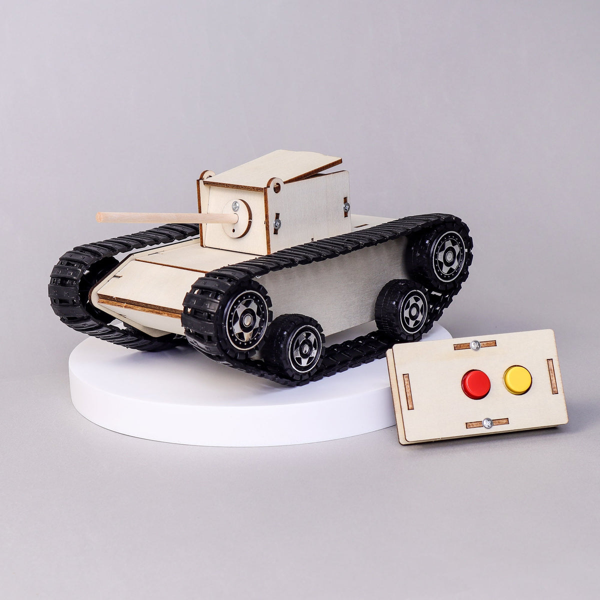 Kitsville Remote-Controlled Tank Building Kit — assembled tank and remote