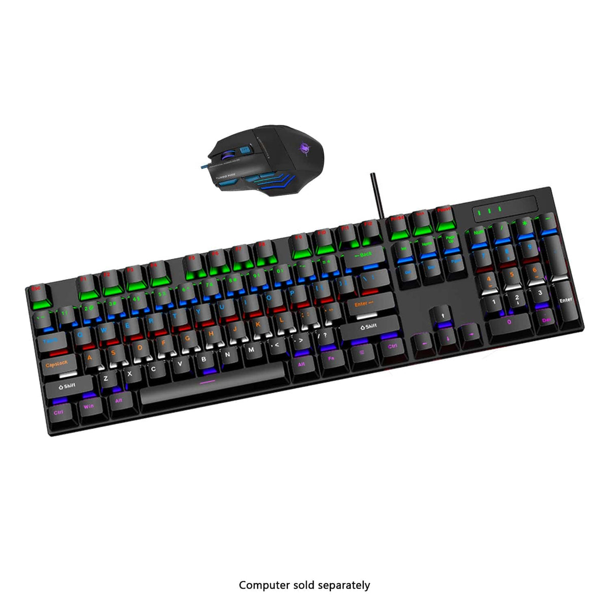 Angled view of the KB36 104-key keyboard and mouse
