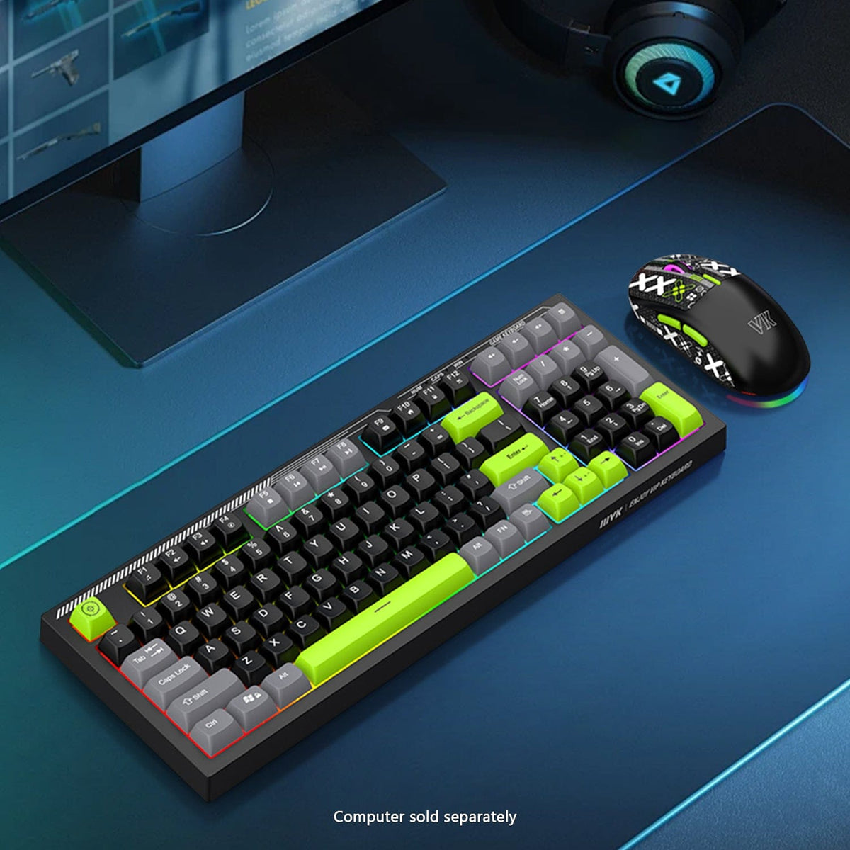 KB31 green-accent keyboard and mouse on a blue-lit desk