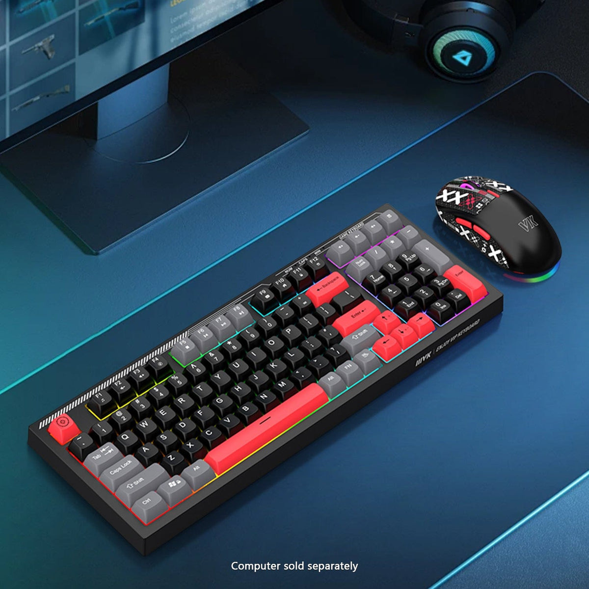 KB30 red-accent keyboard and mouse on a blue-lit desk