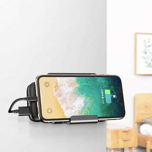 Phone positioned horizontally in the gray wall mount