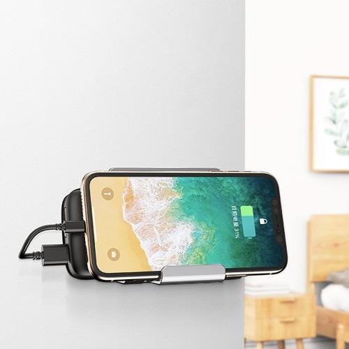 Phone positioned horizontally in the silver wall mount