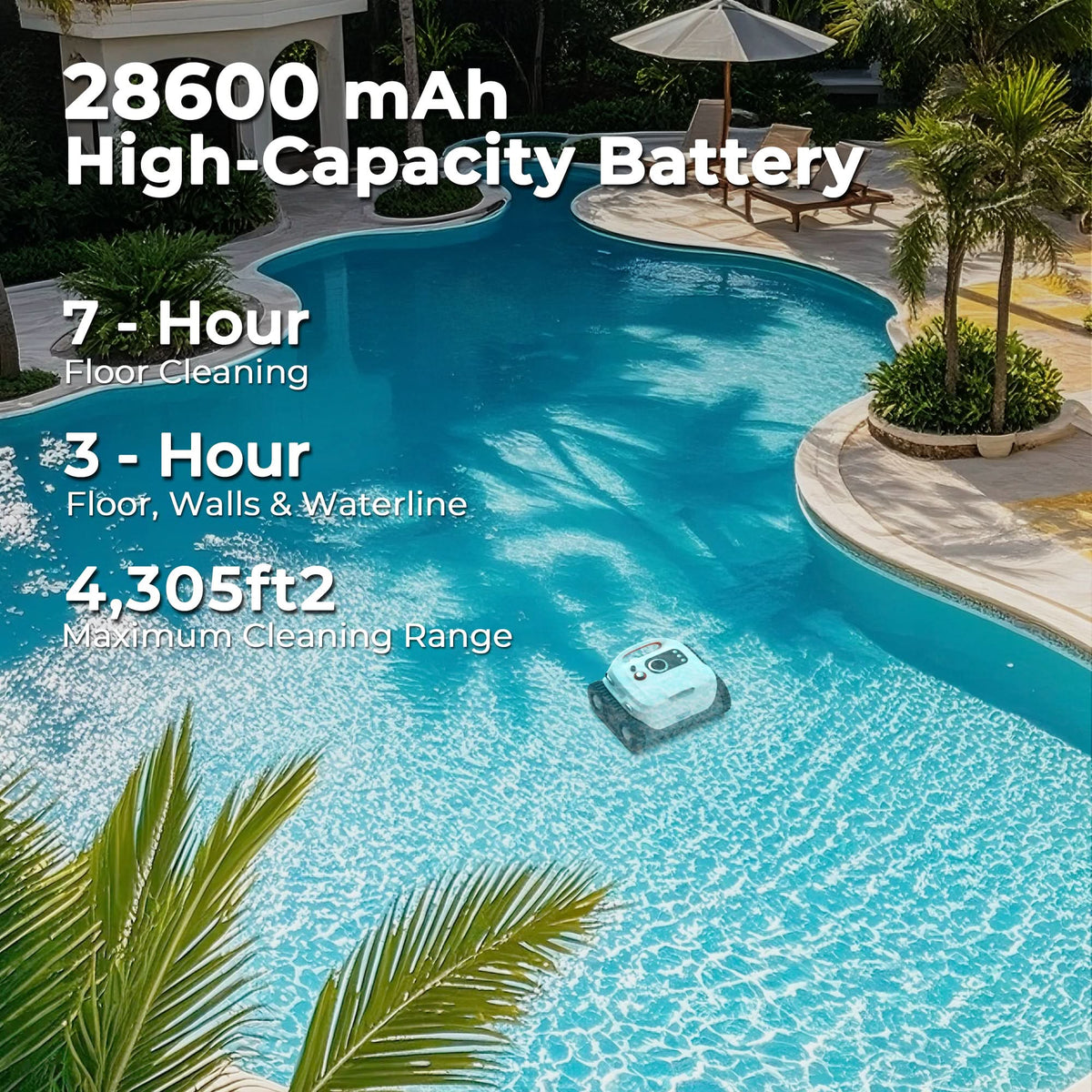 Sublue BN Pro robotic pool cleaner manufacturer battery and runtime illustration