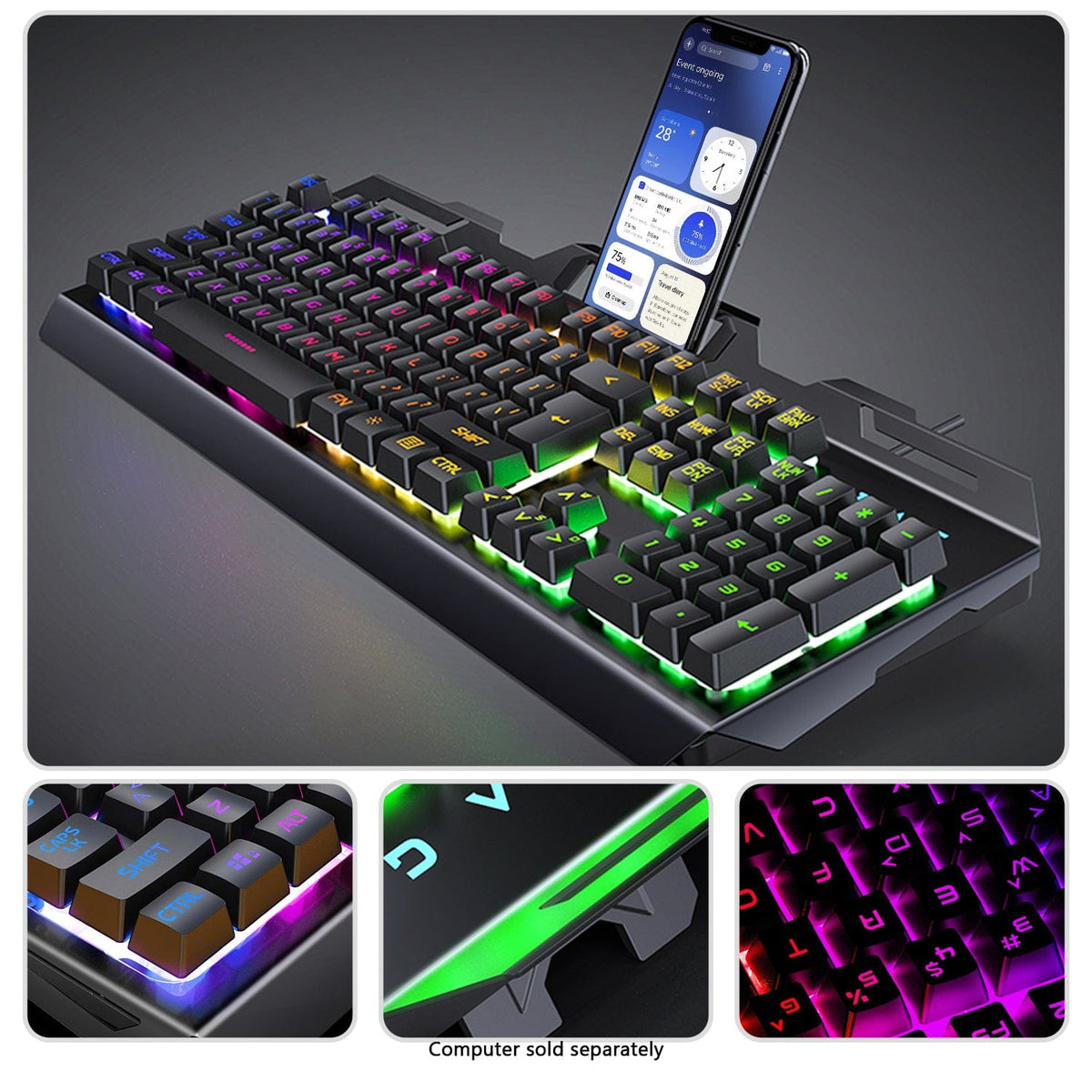 KB37 phone holder, illuminated keys and folding-foot details
