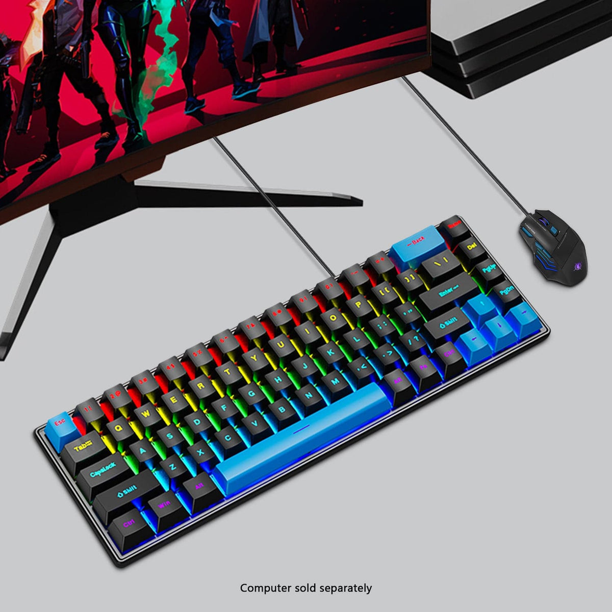 KB32 keyboard and mouse with USB cable shown on a gaming desk