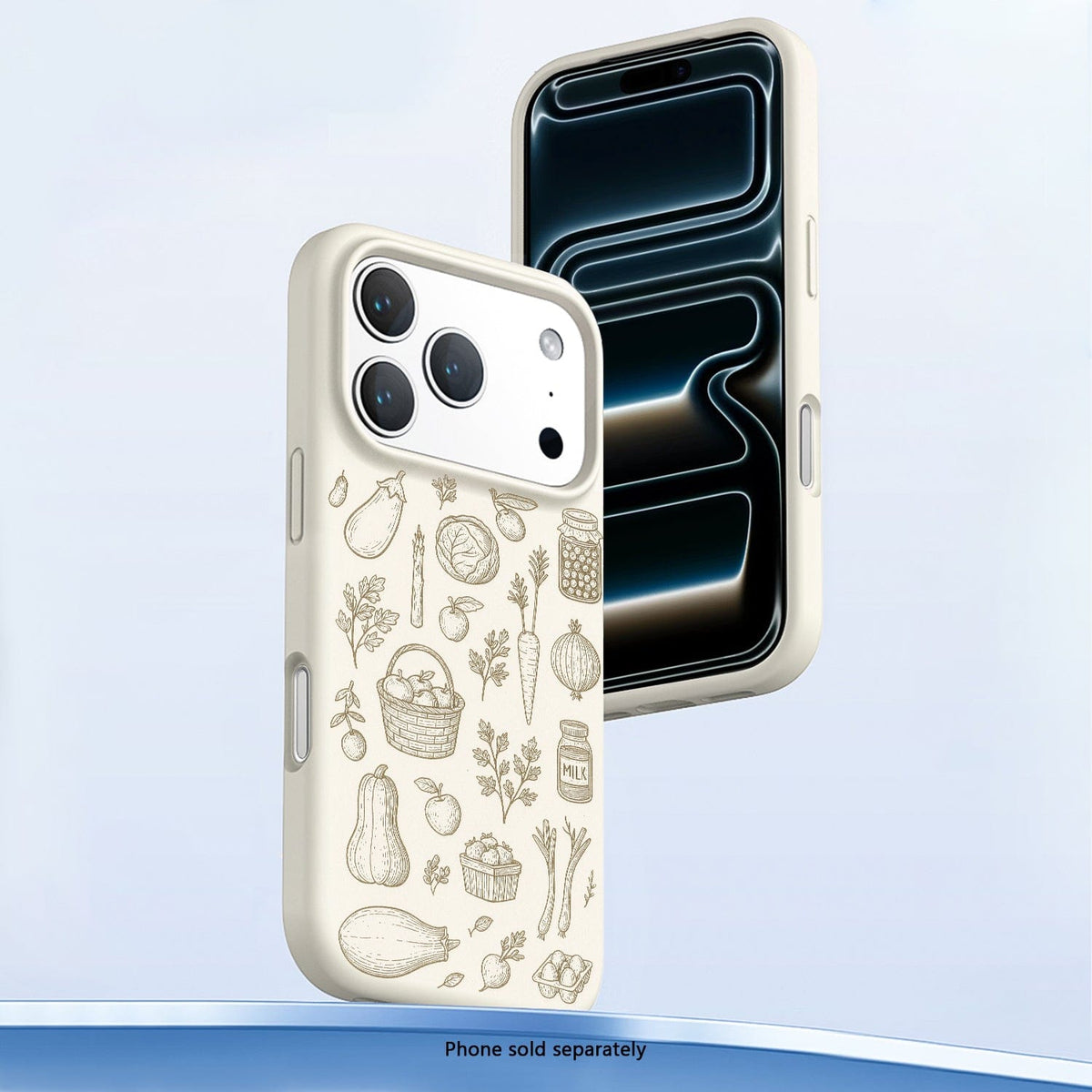 SaharaCase Inspire Silicone Case for iPhone 17 Pro — beige illustrated angled front and rear views
