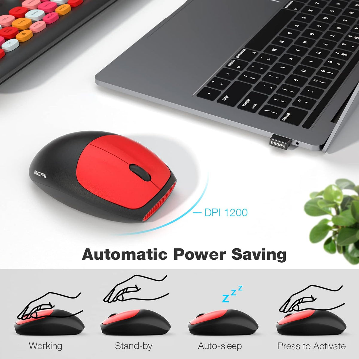 KB2 black/red mouse and automatic power-saving illustration