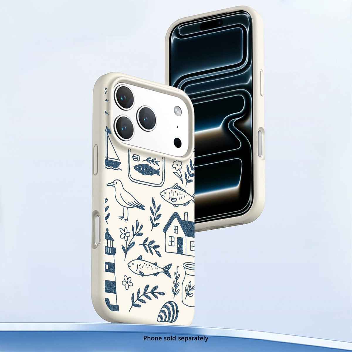 SaharaCase Inspire Silicone Case for iPhone 17 Pro — blue travel patterned angled front and rear views