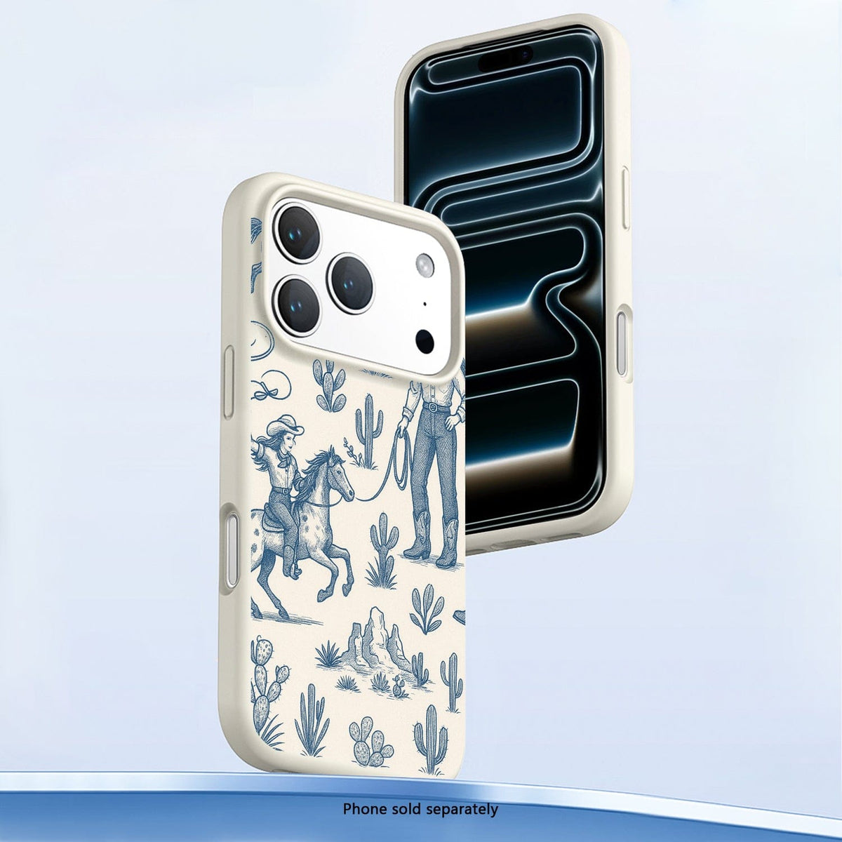 SaharaCase Inspire Silicone Case for iPhone 17 Pro — blue desert patterned angled front and rear views