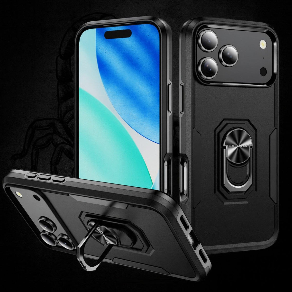 SaharaCase Raider Heavy-Duty Kickstand Case for iPhone 17 Pro Max — portrait and landscape stands