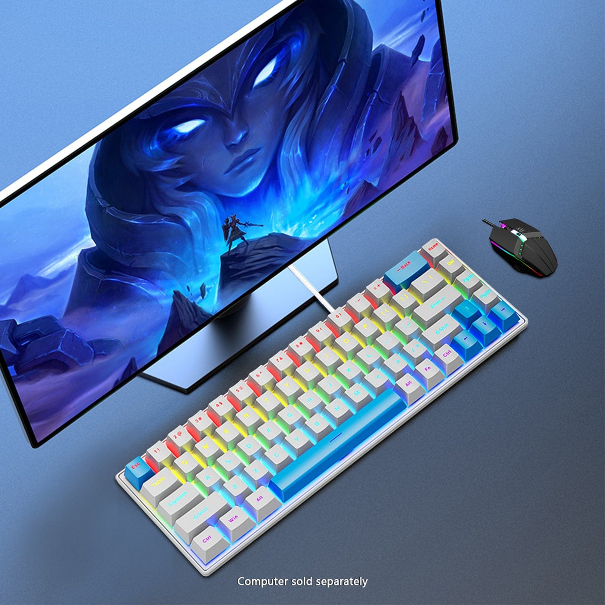 KB34 white and blue keyboard with blue display backdrop