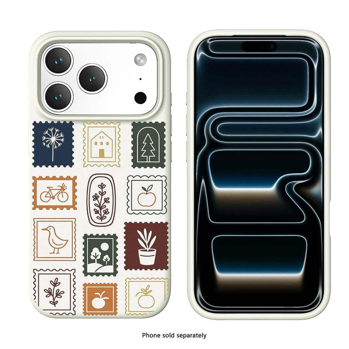 SaharaCase Inspire Silicone Case for iPhone 17 Pro — multicolor stamp patterned front and rear views on white