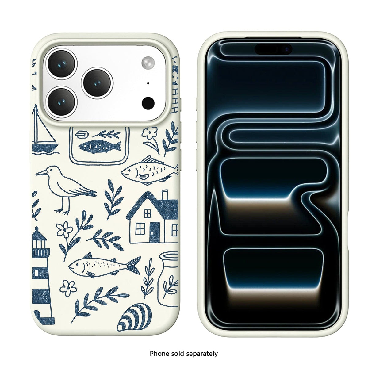 SaharaCase Inspire Silicone Case for iPhone 17 Pro — blue travel patterned front and rear views on white